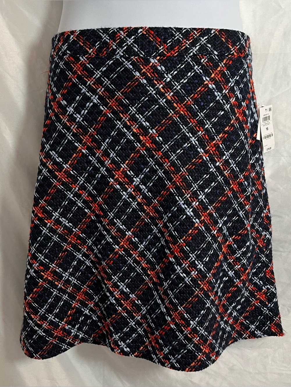 Bar III NWT Plaid Boucle Tweed A-Line Skirt Navy Orange Size 16